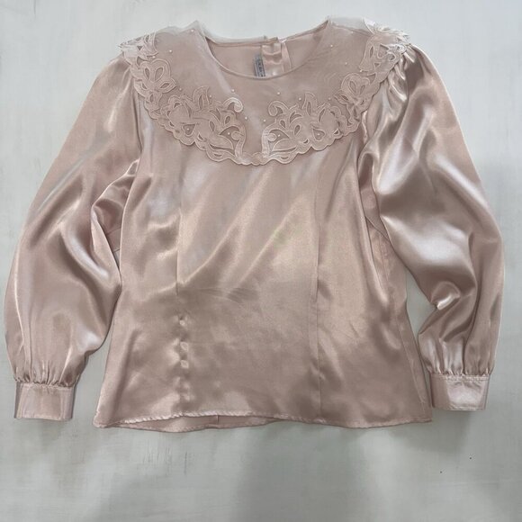 Vintage Laura and Jayne Blouse Size 12 Light Pink Satin Pearls Embroidered Lace - Picture 1 of 16